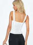 White corset top Sheer lace material Square neckline Hook and eye fastening at front Good stretch Mesh lining