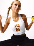 front view of model wearing Princess Polly ASU Tailgate Top White Sleeveless Crew Neck 