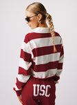 back view of model wearing Princess Polly USC Rugby Polo Cardinal Red Full Sleeves High Neck 