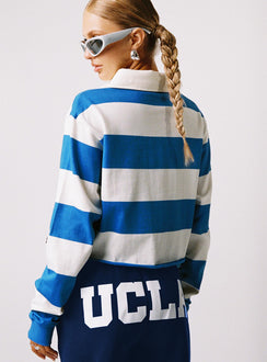 back view of model wearing Princess Polly UCLA Rugby Polo Blue / White Full Sleeves High Neck 