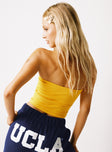 back view of model wearing Princess Polly UCLA Tube Top Yellow Sleeveless straight 