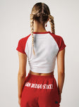 back view of model wearing Princess Polly SDSU Homerun Tee White / Red Short Sleeves Crew Neck 