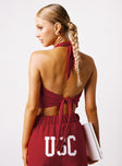 back view of model wearing Princess Polly USC Tailgate Top Cardinal Red Sleeveless Crew Neck 