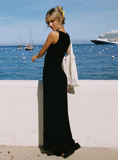 back view of model wearing Princess Polly Dejonge Sleeveless Maxi Dress Black Crew Neck 
