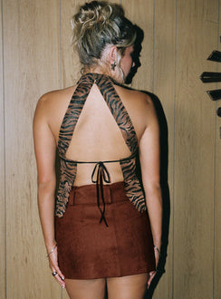 back view of model wearing Princess Polly Movita Belted Mini Skirt Brown 