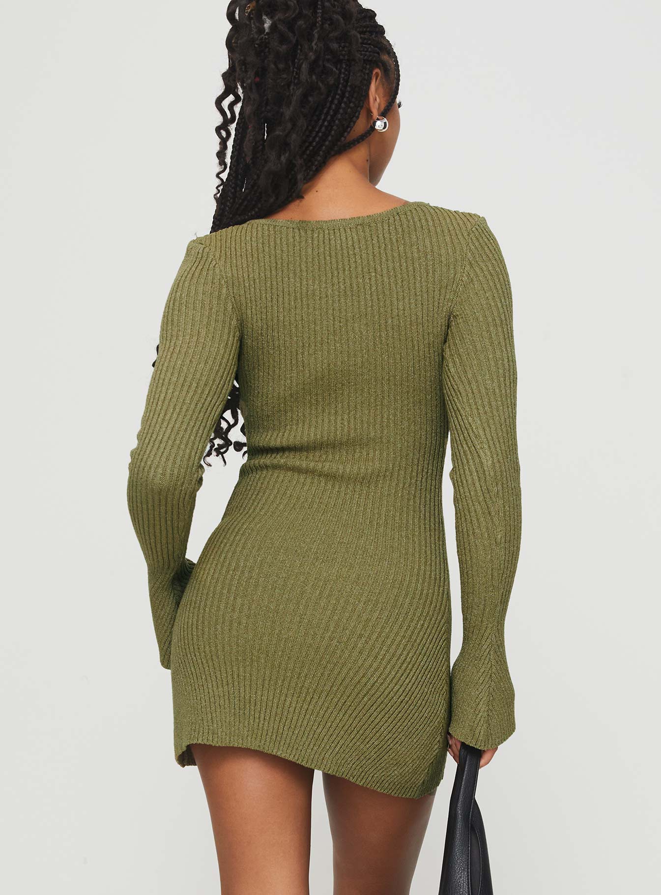 back view of model wearing Princess Polly Osment Long Sleeve Knit Mini Dress Olive Boat Neck 