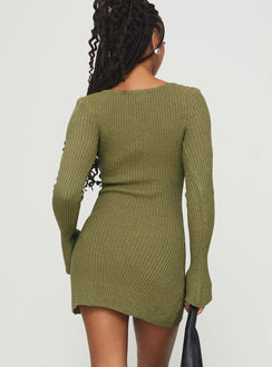 back view of model wearing Princess Polly Osment Long Sleeve Knit Mini Dress Olive Boat Neck 