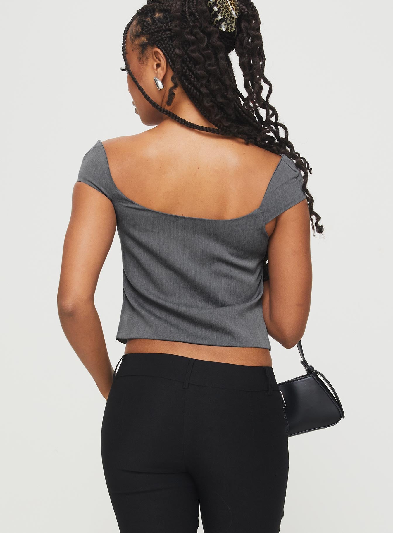 back view of model wearing Princess Polly Irie Top Grey Short Sleeves Square Neck 