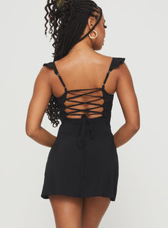 back view of model wearing Princess Polly Landon Mini Dress Black Sweetheart Neckline 