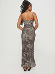 back view of model wearing Princess Polly Declynn Bias Cut Maxi Dress Leopard Asymmetric Neckline 