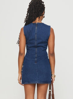 back view of model wearing Princess Polly Eilein Sculpted Denim Mini Dress Dark Wash Crew Neck 