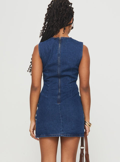 back view of model wearing Princess Polly Eilein Sculpted Denim Mini Dress Dark Wash Crew Neck 
