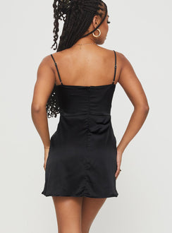 back view of model wearing Princess Polly Glitterberry Mini Dress Black Sweetheart Neckline 