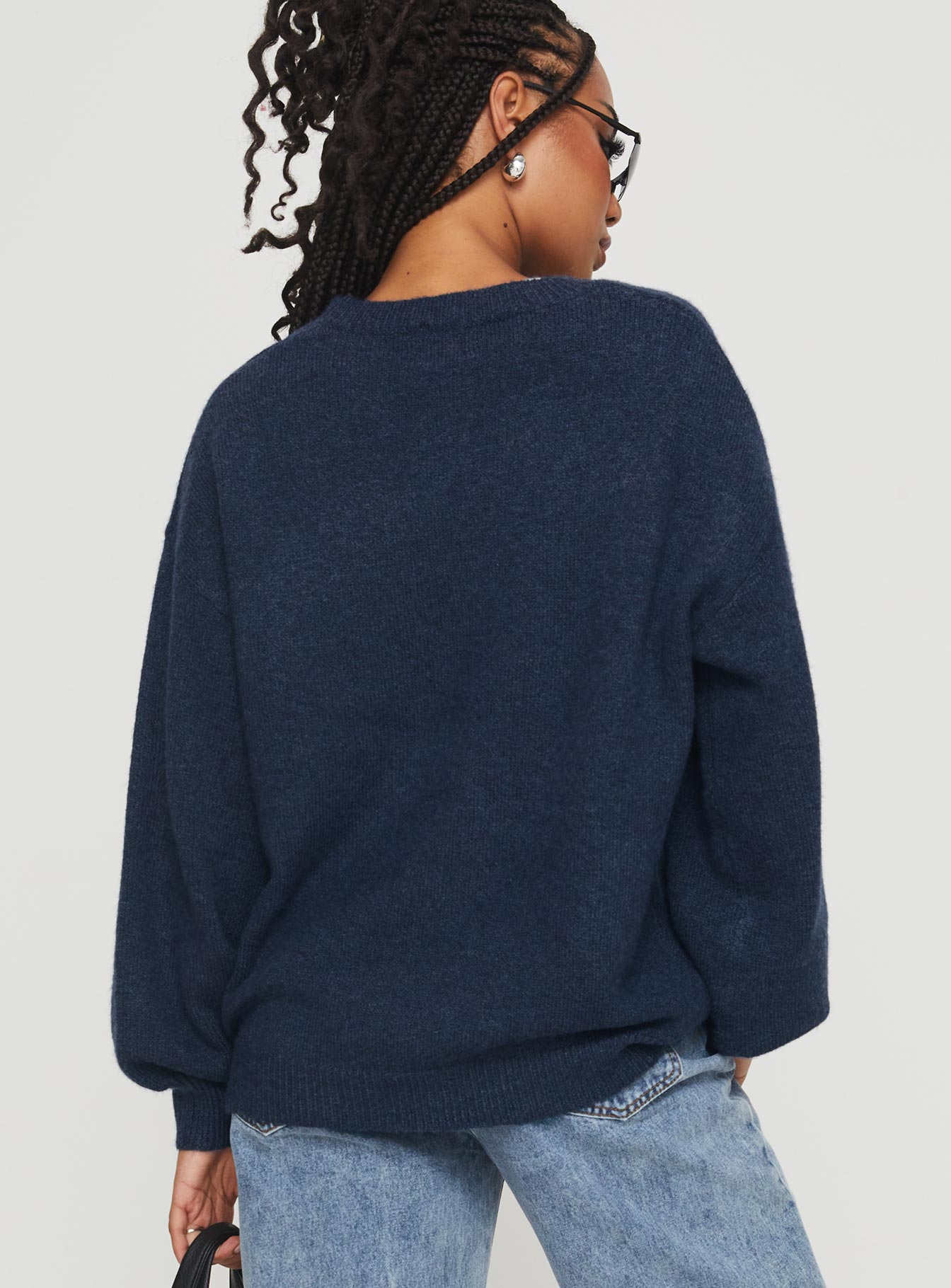 back view of model wearing Princess Polly Ryanna Sweater Navy Cropped 