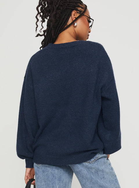 back view of model wearing Princess Polly Ryanna Sweater Navy Cropped 