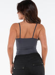 back view of model wearing Princess Polly Geary Bodysuit Grey Petite Sleeveless Scoop Neck 