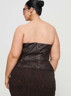 back view of model wearing Princess Polly Afraid Strapless Faux Leather Top Brown Curve Sleeveless straight 