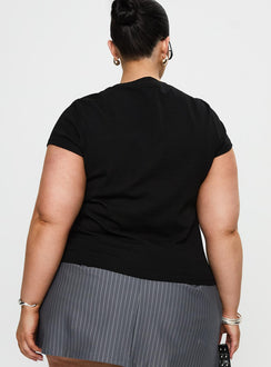 back view of model wearing Princess Polly Prestige Longline Baby Tee Black Curve Short Sleeves Crew Neck 