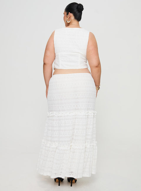 back view of model wearing Princess Polly Buttacupe Lace Maxi Skirt White Curve Maxi 