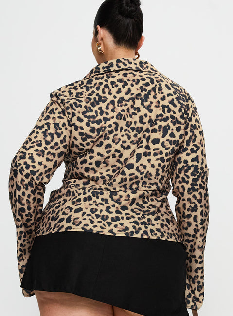 back view of model wearing Princess Polly Toriah Long Sleeve Tie Up Top Leopard Curve Full Sleeves V-Neck 