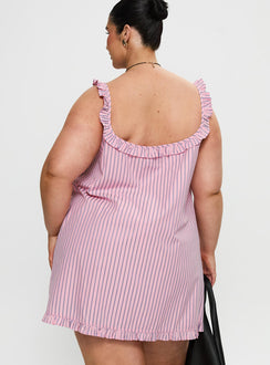 back view of model wearing Princess Polly Zalina Babydoll Mini Dress Pink Stripe Curve Square Neck 