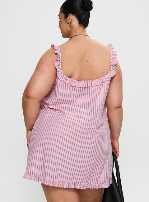 back view of model wearing Princess Polly Zalina Babydoll Mini Dress Pink Stripe Curve Square Neck 