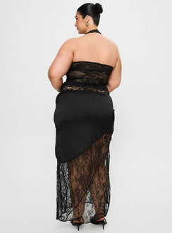 back view of model wearing Princess Polly Castelli Lace Maxi Skirt Black Curve Maxi 