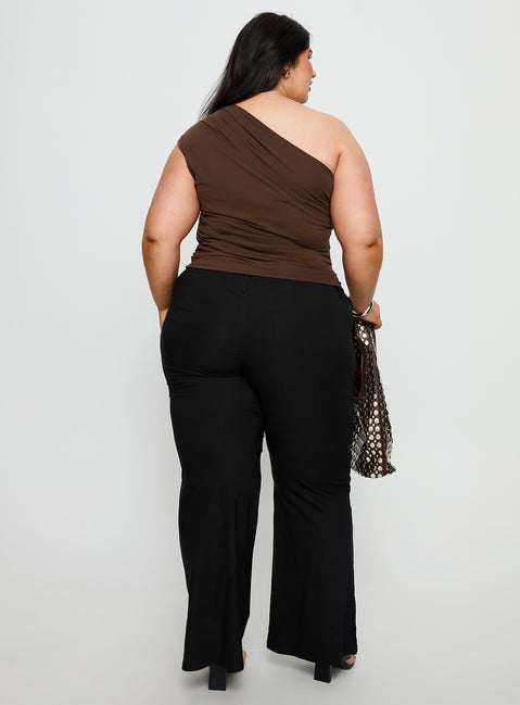back view of model wearing Princess Polly Kortnee Eyelet Detail Flare Leg Pants Black Curve Mid Rise Pants 