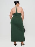 Green maxi dress Halter style, straight neckline, ruching detail, split in hem