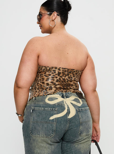 back view of model wearing Princess Polly Learn To Fly Strapless Sequin Top Leopard Curve Sleeveless straight 