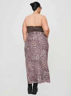 back view of model wearing Princess Polly Raidein Strapless Maxi Dress Leopard Curve Sweetheart Neckline 