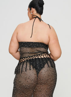 back view of model wearing Princess Polly Alnet Top Black Curve Sleeveless Sweetheart 