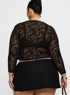 back view of model wearing Princess Polly Martine Sheer Top Black Curve Full Sleeves Boat Neck 