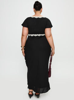 back view of model wearing Princess Polly Barbarita Lace Maxi Dress Black Curve Plunger 