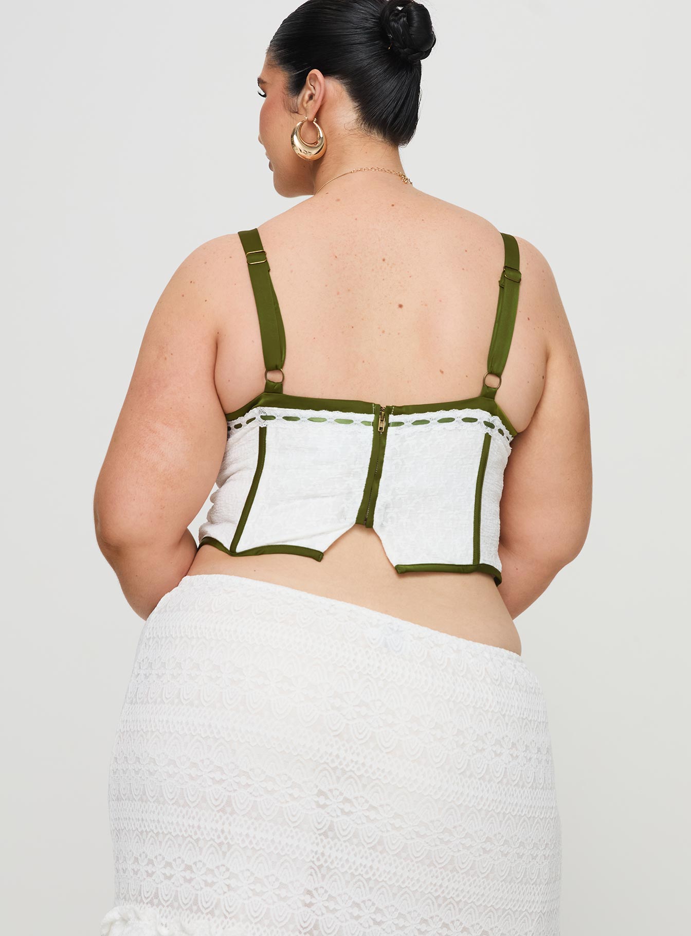 back view of model wearing Princess Polly Jiraia Lace Corset Top White / Green Curve Sleeveless Sweetheart 