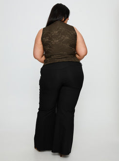 back view of model wearing Princess Polly Twinflame Low Rise Hardware Pants Black Curve Mid Rise Pants 