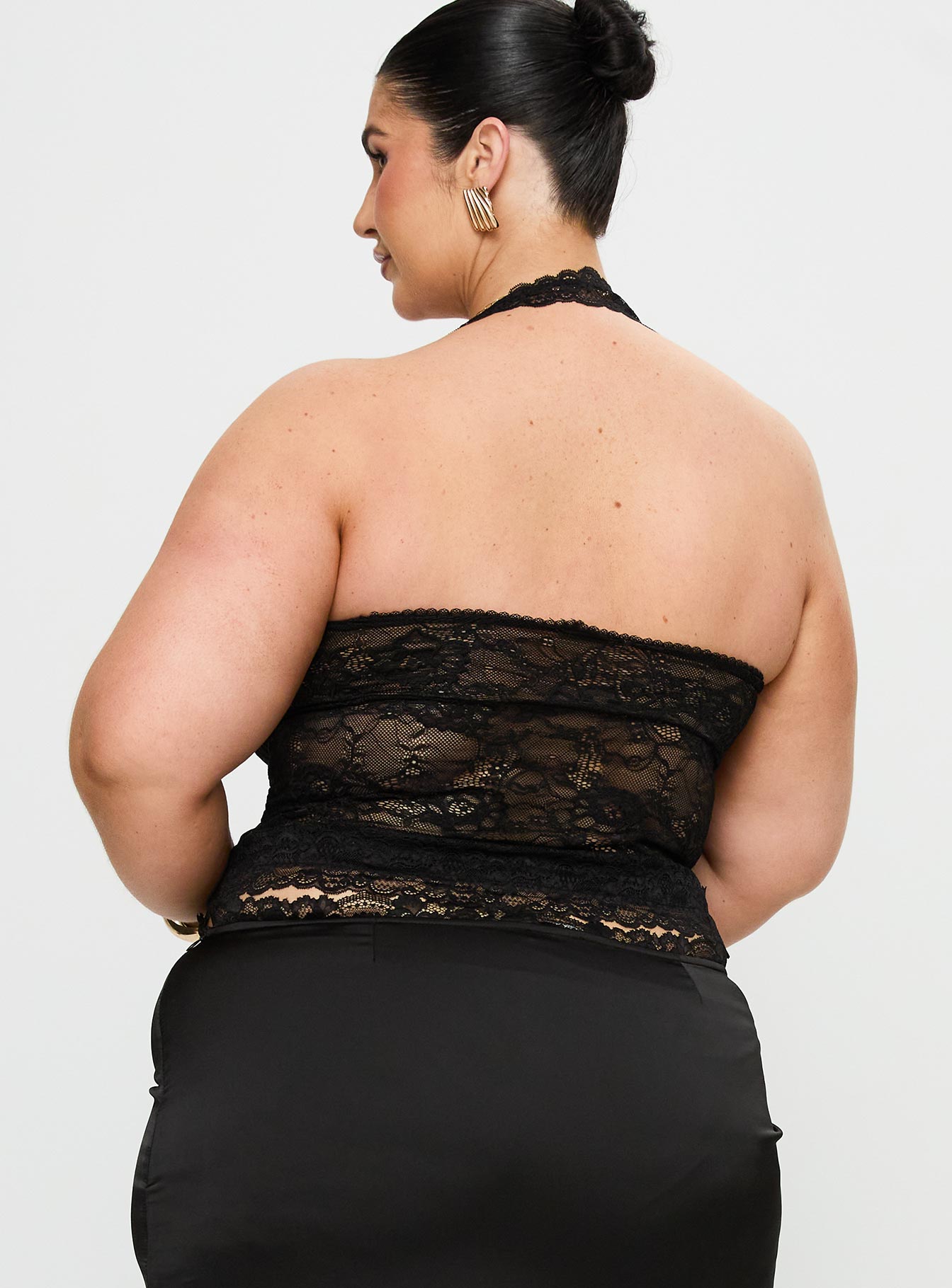 back view of model wearing Princess Polly Fantasize Lace Halter Top Black Curve Sleeveless Sweetheart 
