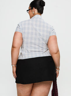 back view of model wearing Princess Polly Cottesloe Blouse Top Blue Check Curve Short Sleeves V-Neck 