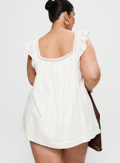 back view of model wearing Princess Polly Summerland Broiderie Mini Dress White Curve Square Neck 