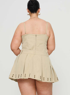 back view of model wearing Princess Polly Alinzia Eyelet Skort Beige Curve Mini Skirts 