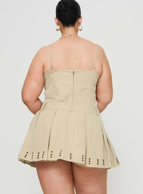 back view of model wearing Princess Polly Alinzia Eyelet Skort Beige Curve Mini Skirts 