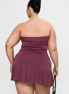 back view of model wearing Princess Polly Love Lingers Strapless Mini Dress Burgundy Curve Straight Neck 