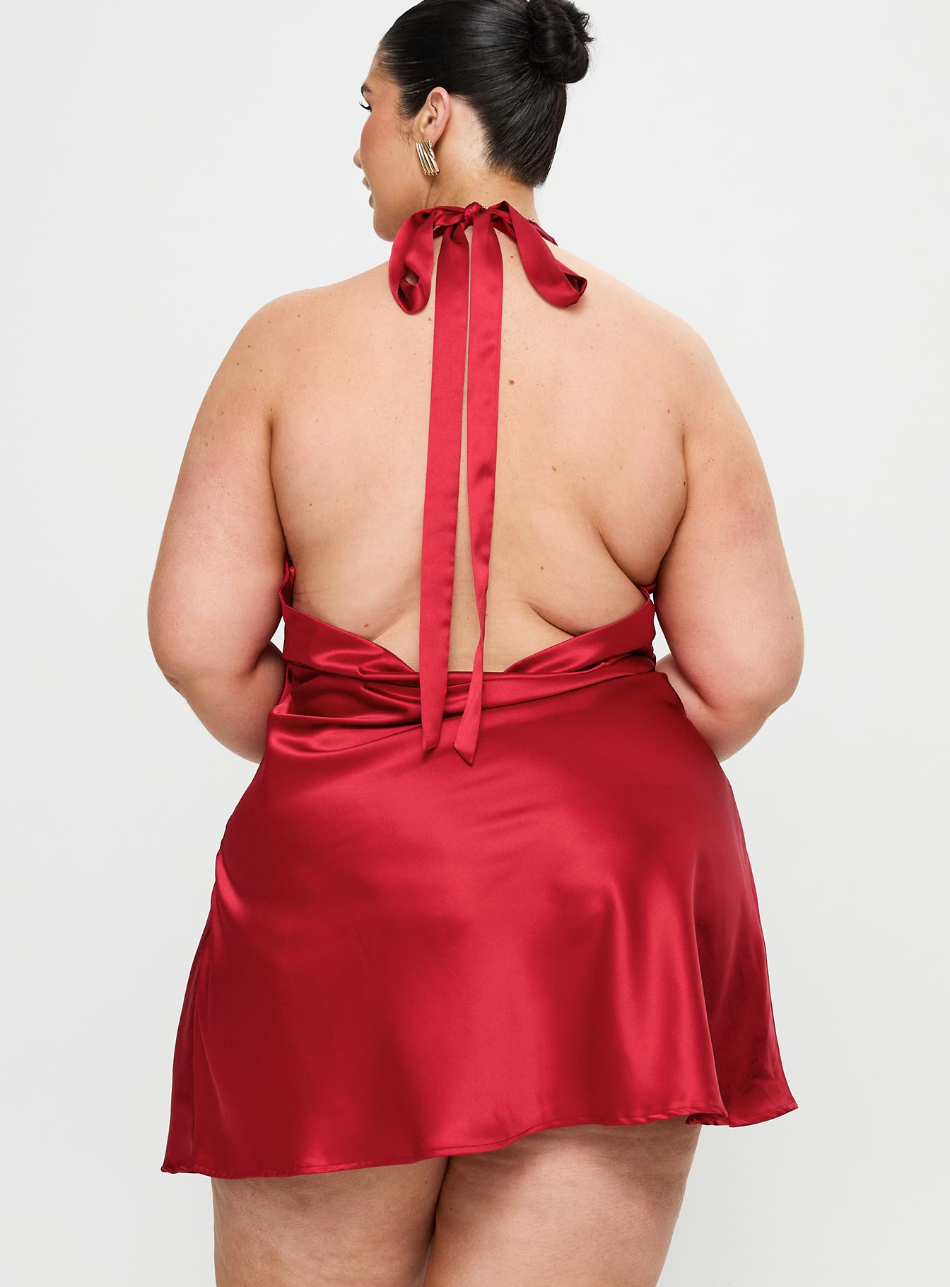back view of model wearing Princess Polly Pelagia Halter Scarf Tie Mini Dress Red Curve Plunger 