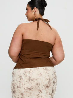 back view of model wearing Princess Polly Isabetta Halter Top Chocolate Curve Sleeveless Sweetheart 