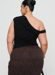 back view of model wearing Princess Polly Beller Top Black Curve Sleeveless Asymmetric Neckline 