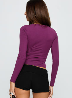 back view of model wearing Princess Polly Count Me In Long Sleeve Top Plum Full Sleeves Scoop Neck 
