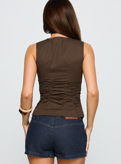 back view of model wearing Princess Polly Isibel Top Brown Sleeveless Crew Neck 
