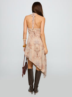 back view of model wearing Princess Polly Zolena Halter Asymmetrical Midi Dress Multi Cowl Neck 