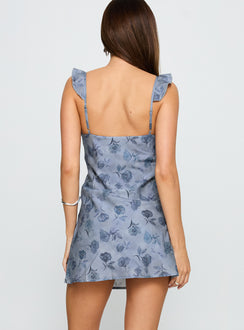 back view of model wearing Princess Polly Age Of Innocence Mini Dress Blue Multi Plunger 