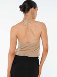 Top Crinkle material  Halter neck tie fastening  Tie fastening at bust  Open front 